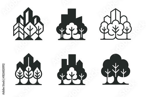 Urban Reforestation Icons. Urban reforestation. Icon set. Set Logo of urban reforestation: city skyline turning into forest canopy. harmonious logo variations