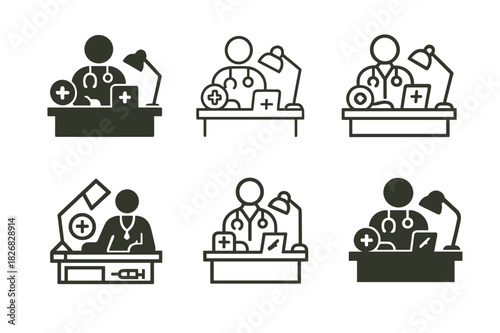 Doctor Emblem Variations. Doctor working at a hospital desk. Icon set. Set Logo of doctor working at a hospital desk: desk lamp and medical tools. harmonious