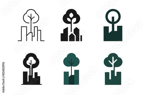 Urban Reforestation Logos. Urban reforestation. Icon set. Set Logo of urban reforestation: tree growing through city skyline. harmonious logo variations of the