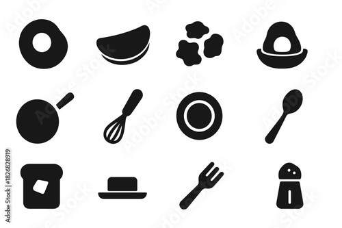 Egg Dishes Icons. Egg dishes. Solid icon set of egg dishes: fried egg, omelet, scrambled eggs, poached egg, pan, whisk, plate, spoon, fork, toast, butter, salt