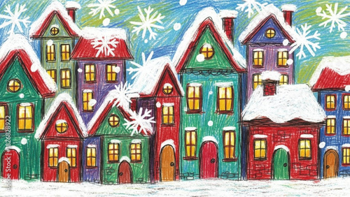 Charming winter town illustration with cozy snow-covered houses and festive snowflakes, perfect for holiday cards and seasonal designs, originally a vector graphic
