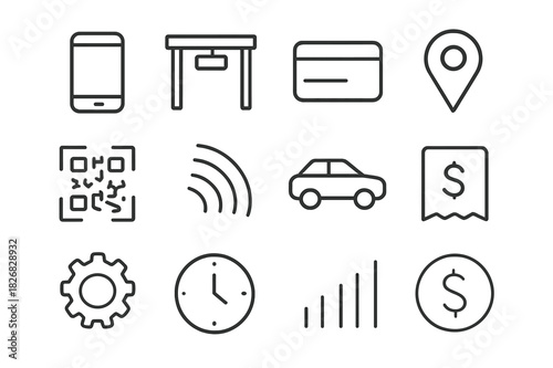 Mobile Toll App Icons. Mobile toll app. Line icon set of mobile toll app: smartphone, toll gate, credit card, map pin, QR code, NFC wave, car, payment receipt,