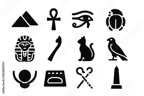 Egyptian Mythology Icons. Egyptian mythology. Solid icon set of Egyptian mythology: pyramid, ankh, eye of Horus, scarab, pharaoh mask, scepter, cat, falcon,