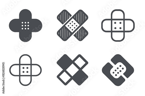 Plaster Patch Icons. Plaster patch. Icon set. Set Logo of Plaster patch: adhesive bandage forming a cross pattern. harmonious logo variations of the same