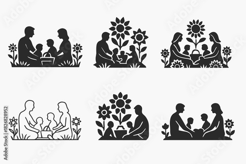 Family Picnic Logos. family picnic at sunflower fields. Icon set. Set Logo of family picnic at sunflower fields: family silhouettes in nature. harmonious logo