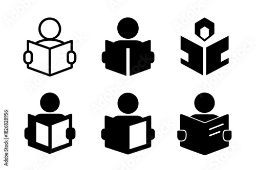 Reading News Logos. Reading the news. Icon set. Set Logo of Reading the news: person reading a newspaper. harmonious logo variations of the same emblematic