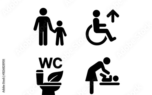 Icons representing family restroom facilities, accessibility, and infant care for public spaces