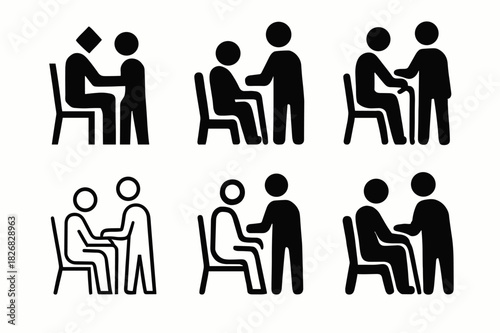 Elder Care Logos. Aiding the elderly. Icon set. Set Logo of aiding the elderly: Elder seated in chair with caregiver beside. harmonious logo variations of the