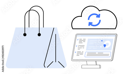 Shopping bag, cloud with synchronization icon, computer screen with dashboard data visualization. Ideal for e-commerce, digital marketing, technology, online business, data management, cloud