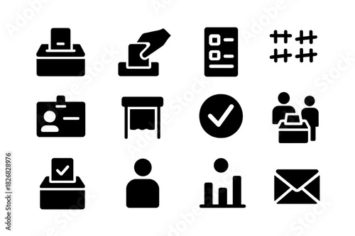 Election Icons Set. Election process. Solid icon set of Election process: ballot box, hand casting vote, voting paper, tally sheet, voter ID, booth, checkmark,