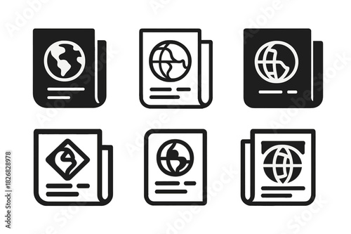 News Emblem Variations. Reading the news. Icon set. Set Logo of Reading the news: newspaper with world icon in center. harmonious logo variations of the same