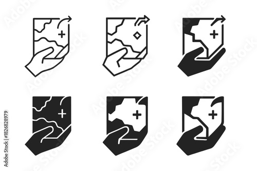 Antique Map Restoration Icons. Antique map restoration process. Icon set. Set Logo of antique map restoration process: hand holding restored map corner.