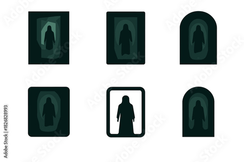 Eerie Horror Icons. A scene from a horror movie with eerie, dim lighting. Icon set. Set Logo of a horror movie scene with eerie, dim lighting: