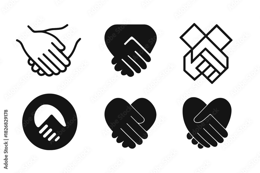 Fototapeta premium Entwined Hands Logos. Close-up photographs of hands touching or entwining. Icon set. Set Logo of hands entwined: two hands holding. harmonious logo variations
