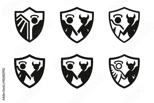 Angelic Emblem Variations. Christian beliefs about angels and demons. Icon set. Set Logo of Christian beliefs about angels and demons: protective angelic