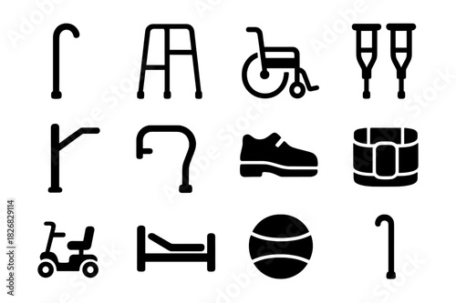Accessible Aids Icons. Accessible aids. Solid icon set of Accessible aids: walking cane, walker, wheelchair, crutches, handrail, grab bar, orthopedic shoe,