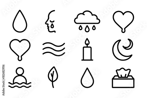 Emotional Icon Set. Emotional release. Line icon set of emotional release: teardrop, face profile, eye, rain cloud, heart, wave, candle, moon, reflection,