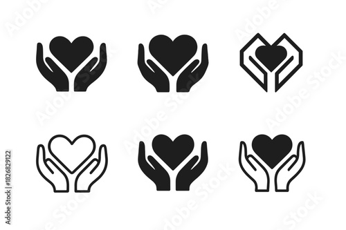 Emotional Connection Icons. Inspiration through moments of deep emotional connection. Icon set. Set Logo of emotional inspiration: heart within two hands.