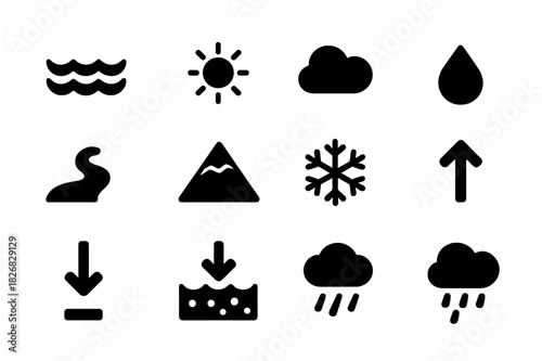 Ocean Cycle Icons. Ocean cycle. Solid icon set of Ocean cycle: ocean, sun, cloud, raindrop, river, mountain, snowflake, evaporation arrow, condensation arrow,