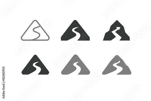 Mountain Path Logos. Nature trail. Icon set. Set Logo of Nature trail: mountain path. harmonious logo variations of the same emblematic concept, each with