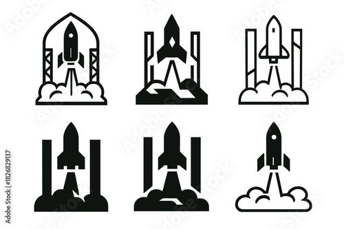 Futuristic Spacecraft Logos. The launch of a spacecraft from a futuristic launch pad. Icon set. Set Logo of the launch of a spacecraft from a futuristic launch