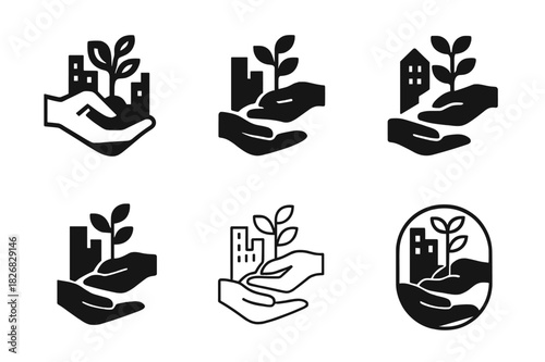 Urban Reforestation Logos. Urban reforestation. Icon set. Set Logo of urban reforestation: hands planting trees in city soil. harmonious logo variations of the