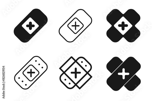 Plaster Patch Logos. Plaster patch. Icon set. Set Logo of Plaster patch: medical plaster with plus sign in center. harmonious logo variations of the same