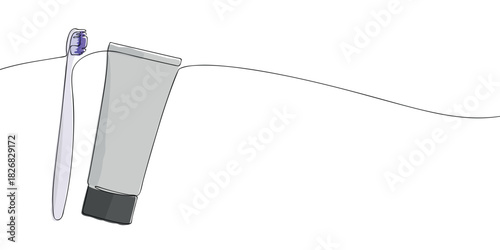 Minimal vector illustration of a toothbrush and toothpaste tube on a white background with a curved line, suitable for dental, hygiene, or healthcare design themes.