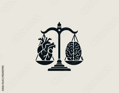 Symbolic black vector illustration of a traditional balance scale weighing a detailed anatomical human heart against a human brain, representing the balance of emotion and logic. Duality concept