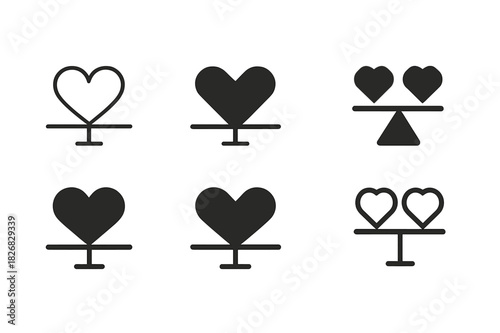Heart Boundaries Logos. Healthy boundaries in love. Icon set. Set Logo of healthy boundaries in love: two hearts separated by balanced line. harmonious logo
