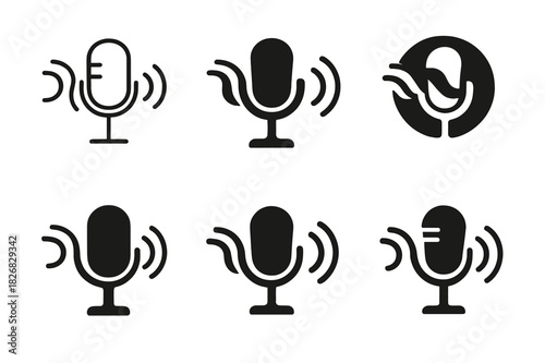 Singing Technique Logos. Singing and voice modulation techniques. Icon set. Set Logo of Singing and voice modulation techniques: microphone with flowing sound