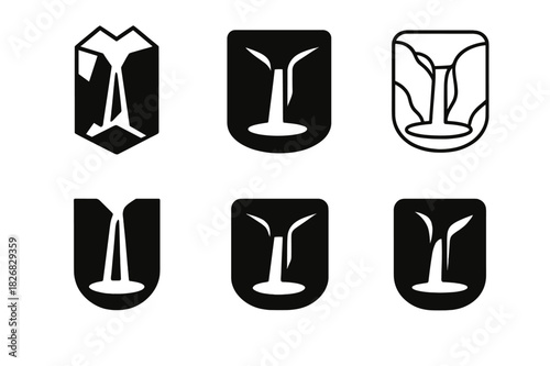 Hidden Travel Icons. Hidden travel gems. Icon set. Set Logo of hidden travel gems: hidden waterfall in canyon. harmonious logo variations of the same