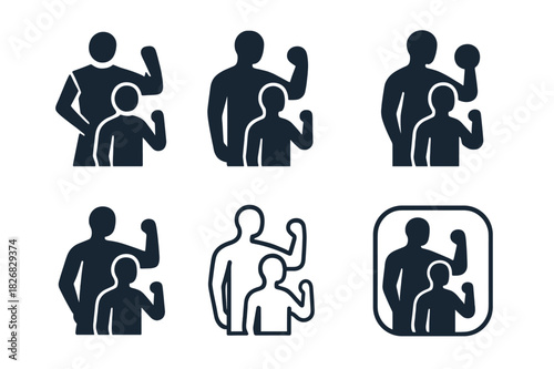 Personal Trainer Logos. A personal trainer demonstrating a workout move for a client. Icon set. Set Logo of a personal trainer demonstrating a workout move for