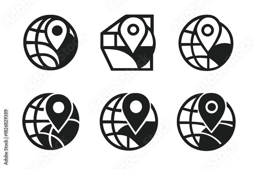 Hidden Travel Icons. Hidden travel gems. Icon set. Set Logo of hidden travel gems: globe with hidden location mark. harmonious logo variations of the same