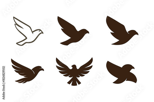 Falcon Logo Variations. Falcons. Icon set. Set Logo of Falcons: Falcon in Flight. harmonious logo variations of the same emblematic concept (Minimal outline,