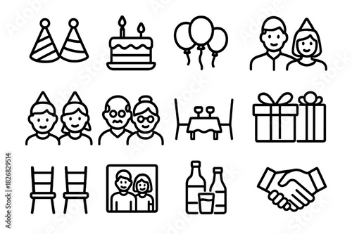 Family Party Outline. Family Party Set. Line icon set of Family Party Set: party hats, cake, balloons, parents, children, grandparents, dining table, gift box,