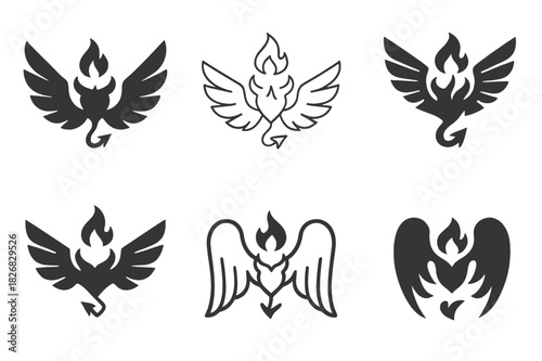 Angel and Demon Icons. Christian beliefs about angels and demons. Icon set. Set Logo of Christian beliefs about angels and demons: wings and flame motif.