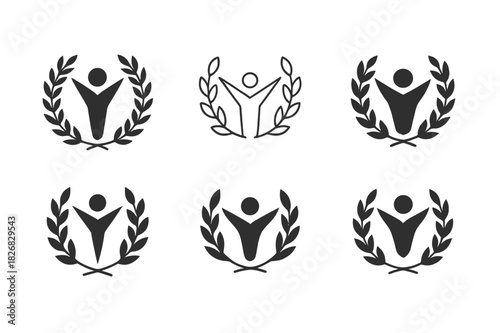 Youth Leadership Icons. Youth activism and leadership. Icon set. Set Logo of Youth activism and leadership: youth figure inside a laurel wreath. harmonious