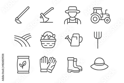 Farm Icons Set. Farm Labor Crew. Line icon set of Farm Labor Crew: hoe, plow, farmer with hat, tractor, crop field, basket of produce, watering can, pitchfork,