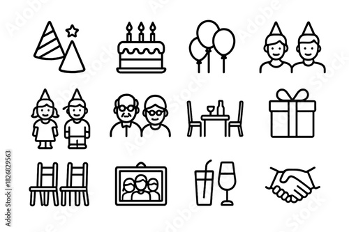 Family Party Outline. Family Party Set. Line icon set of Family Party Set: party hats, cake, balloons, parents, children, grandparents, dining table, gift box,