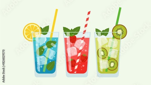 Refreshing Summer Drinks with Fruit and Mint on a Light Background