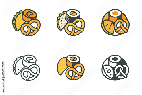 International Street Food Icons. International street food and snacks. Icon set. Set Logo of International street food and snacks: taco, sushi, and pretzel