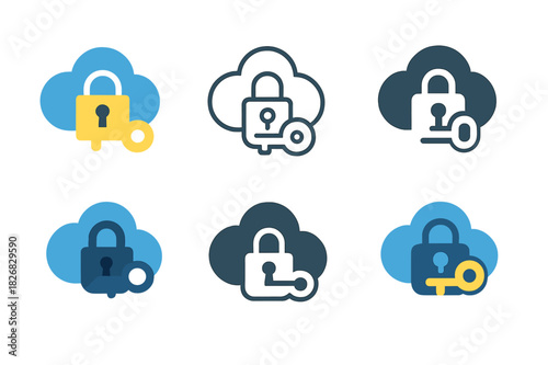 Cybersecurity Logo Variations. Cybersecurity. Icon set. Set Logo of cybersecurity: cloud with padlock and encryption key. harmonious logo variations of the