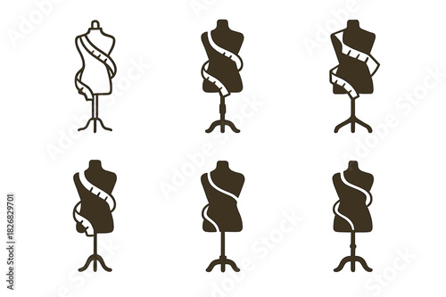 Fashion Logo Variations. Personalized fashion and custom clothing. Icon set. Set Logo of personalized fashion and custom clothing: mannequin with measuring