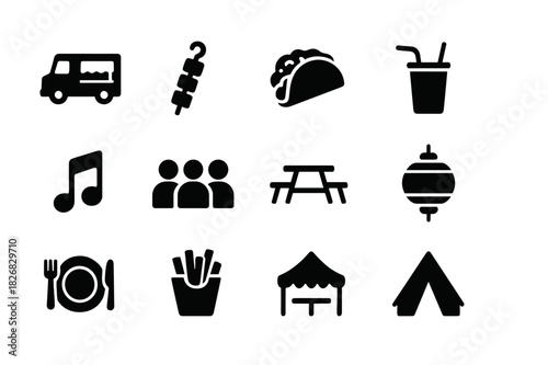 Street Food Festival Icons. Friends at street food festivals. Solid icon set of friends at street food festivals: food truck, skewer, taco, drink cup, burger,