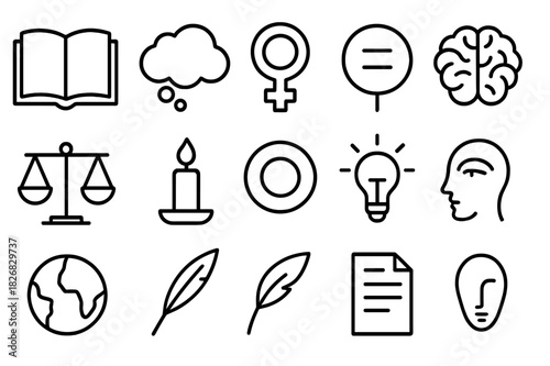 Feminist Philosophy Icons. Feminist philosophy. Line icon set of feminist philosophy: open book, thought bubble, Venus symbol, brain, balance scale, candle,