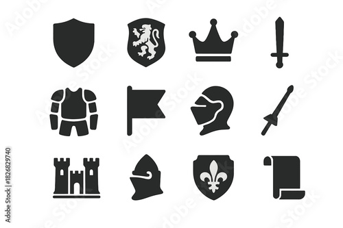 Knights and Heraldry Icons. Knights and Heraldry. Solid icon set of Knights and Heraldry: shield, crest, crown, sword, armor, flag, helmet, lance, castle,