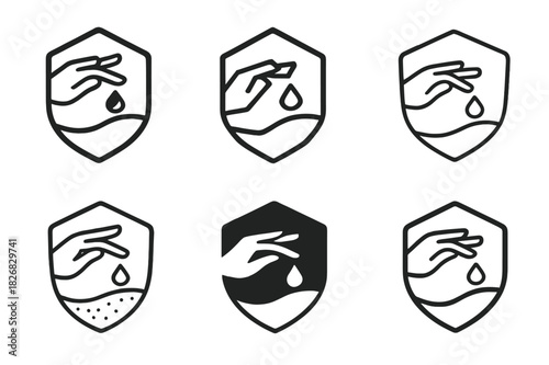 Skin Protection Logos. Skin and protection. Icon set. Set Logo of skin and protection: hand applying cream. harmonious logo variations of the same emblematic