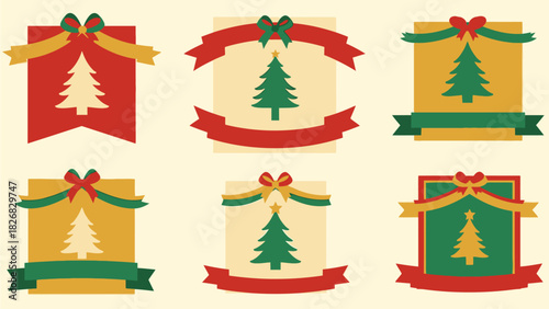 Festive Christmas Tree Banners with Ribbons and Bows, Holiday Design Elements