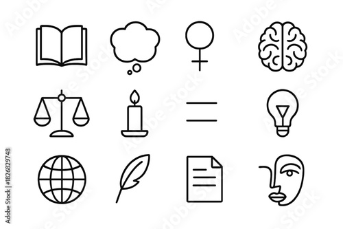 Feminist Philosophy Icons. Feminist philosophy. Line icon set of feminist philosophy: open book, thought bubble, Venus symbol, brain, balance scale, candle,